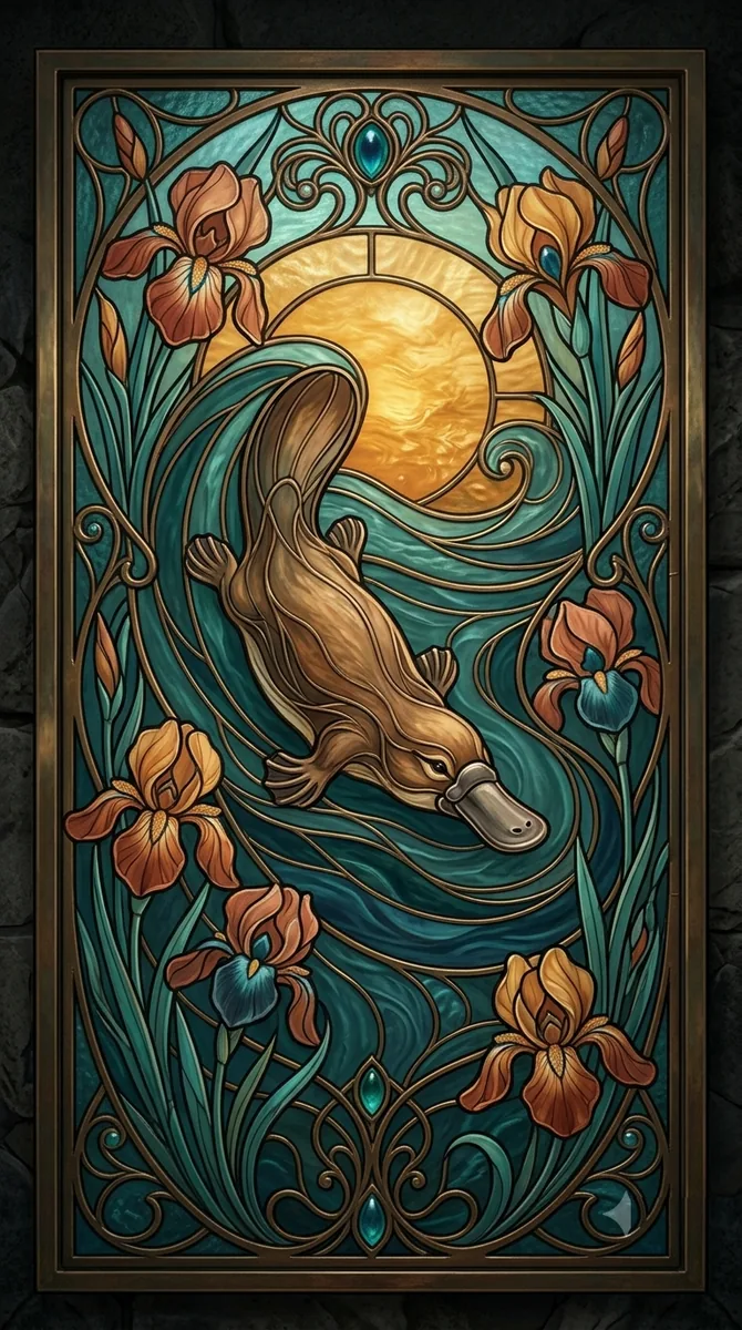Ornithorynque remontant vers le soleil, vitrail Art nouveau